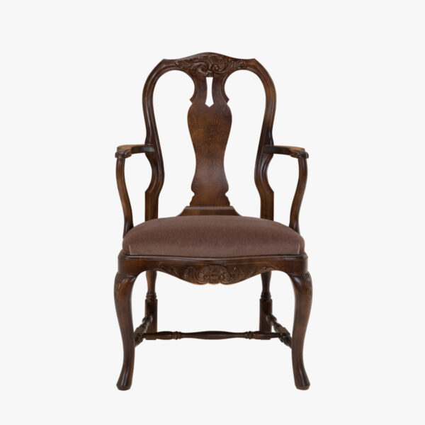 Talonpoikaisrokokoo, käsinojallinen tuoli, väri amerikanpähkinä, verhoilu mohair luumu.