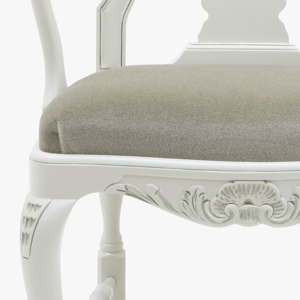 Talonpoikaisrokokoo tuoli käsinojin, helmenharmaa-patina, verhoilu mohair vihreä