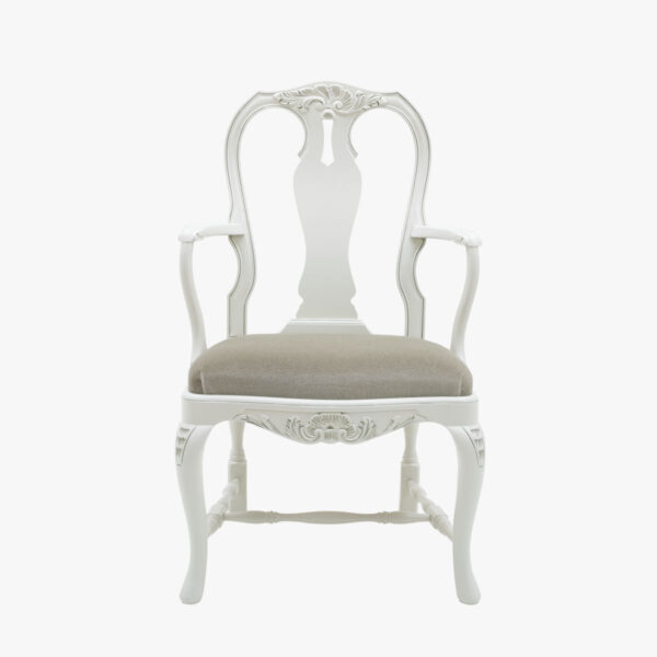 Talonpoikaisrokokoo tuoli käsinojin, helmenharmaa-patina, verhoilu mohair vihreä