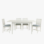 Kustavilainen ruokapöytä, helmenharmaa - patina. Yhdessä Canastera Cameo blue -kankaalla verhoiltujen kustavilaistuolien kanssa.