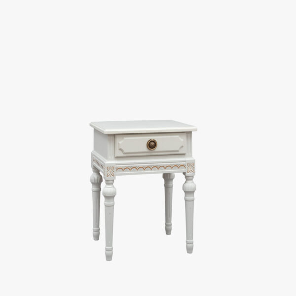 Kustavilainen yöpöytä, väri helmenharmaa-kulta.