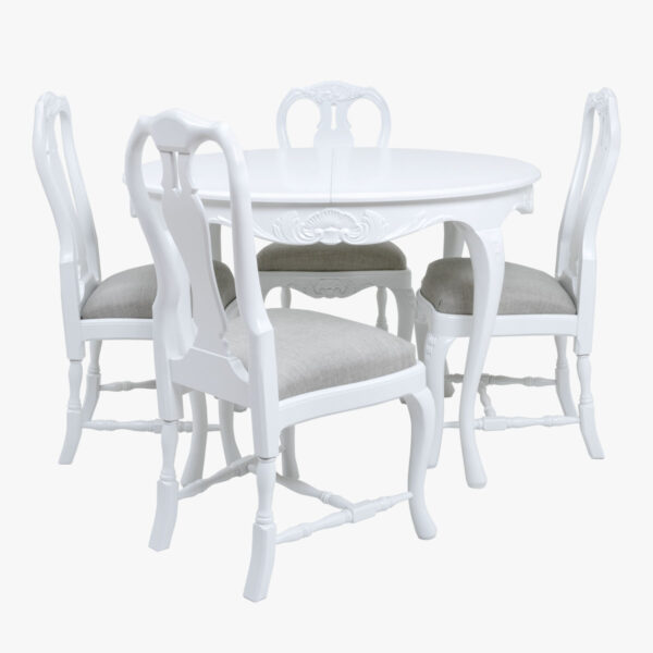 Talonpoikaisrokokoo tuoli, valkoinen, verhoilu Vellamo vaalea-pellava.