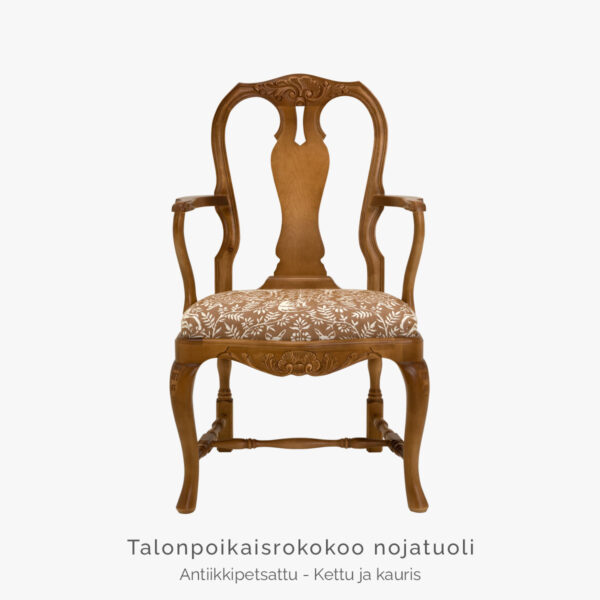 Talonpoikaisrokokoo nojatuoli, väri antiikki, verhoiluna Annalan Kettu ja Kauris.