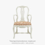 Talonpoikaisrokokoo nojatuoli, väri helmenharmaa-patina, verhoiluna tilauskangas Annalan Kettu ja Kauris.