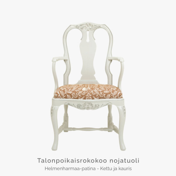 Talonpoikaisrokokoo nojatuoli, väri helmenharmaa-patina, verhoiluna tilauskangas Annalan Kettu ja Kauris.