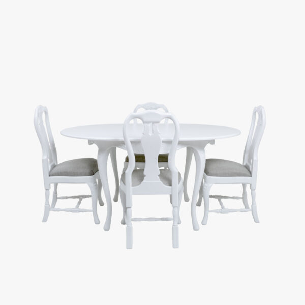 Talonpoikaisrokokoo ruokapöytä pyöreä, väri valkoinen.