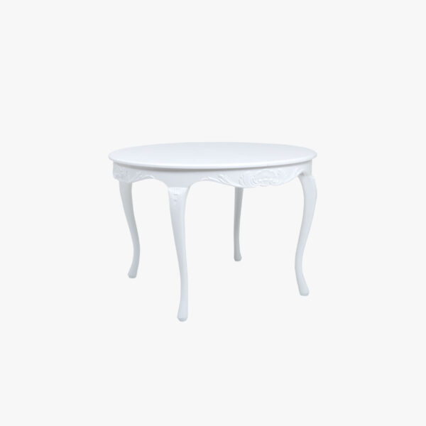 Talonpoikaisrokokoo ruokapöytä pyöreä, väri valkoinen.