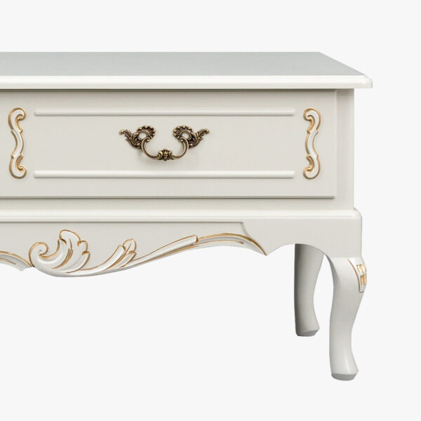 Talonpoikaisrokokoo tv-taso 3-osainen, väri helmenharmaa-patina.