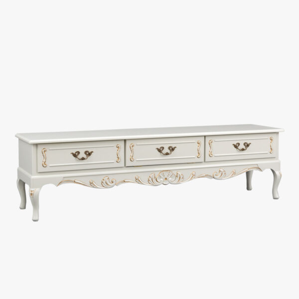 Talonpoikaisrokokoo tv-taso 3-osainen, väri helmenharmaa-patina.