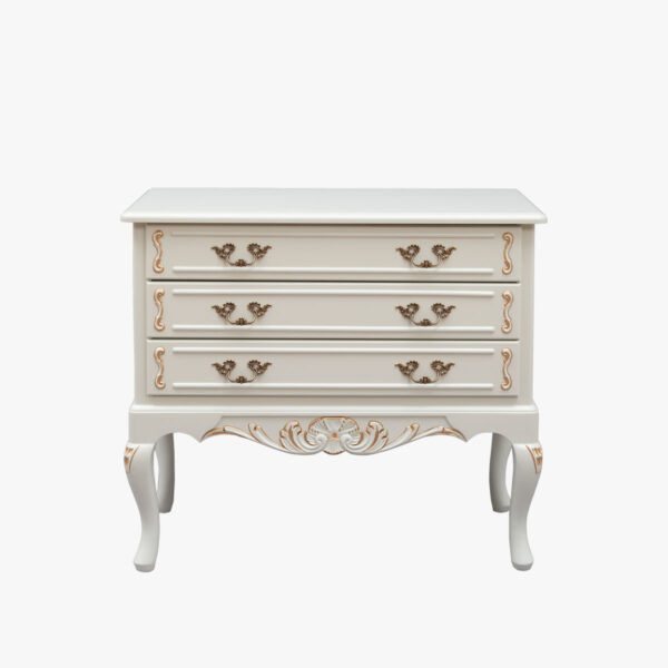 Talonpoikaisrokokoo lipasto, helmenharmaa-kulta.