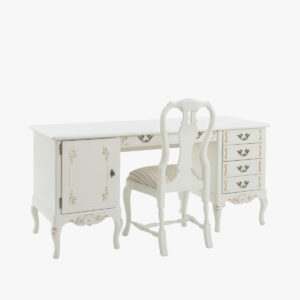 Talonpoikaisrokokoo kirjoituspöytä, väri helmenharmaa-kulta. Tuolin verhoilukankaana Line 12 luonnonvalkoinen.