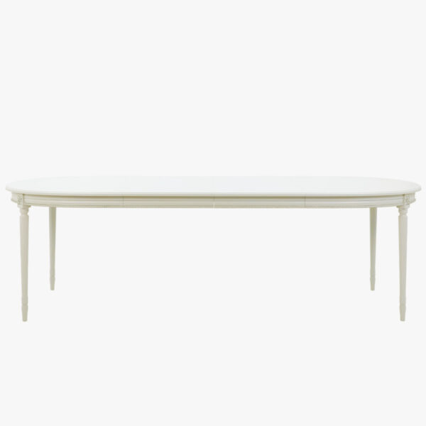 Empire ruokapöytä ovaali, väri helmenharmaa-patina, jatkettuna kahdella jatkopalalla.