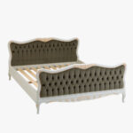 Talonpoikaisrokokoo sänky, verhoillut päädyt, väri helmenharmaa-kulta, verhoiluna vihertävä mohairsametti (tämän kankaan valmistus loppunut).