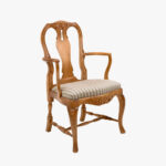 Talonpoikaisrokokoo nojatuoli, värikokeilu (lähinnä antiikki-väriä), verhoiluna ruskearaidallinen Line-kangas.