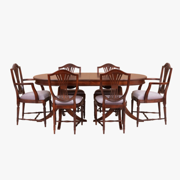 Hepplewhite-ruokapöytä, ovaali, hepplewhite-väri. Ilman jatkopaloja sen ympärille mahtuu 4-6 tuolia.